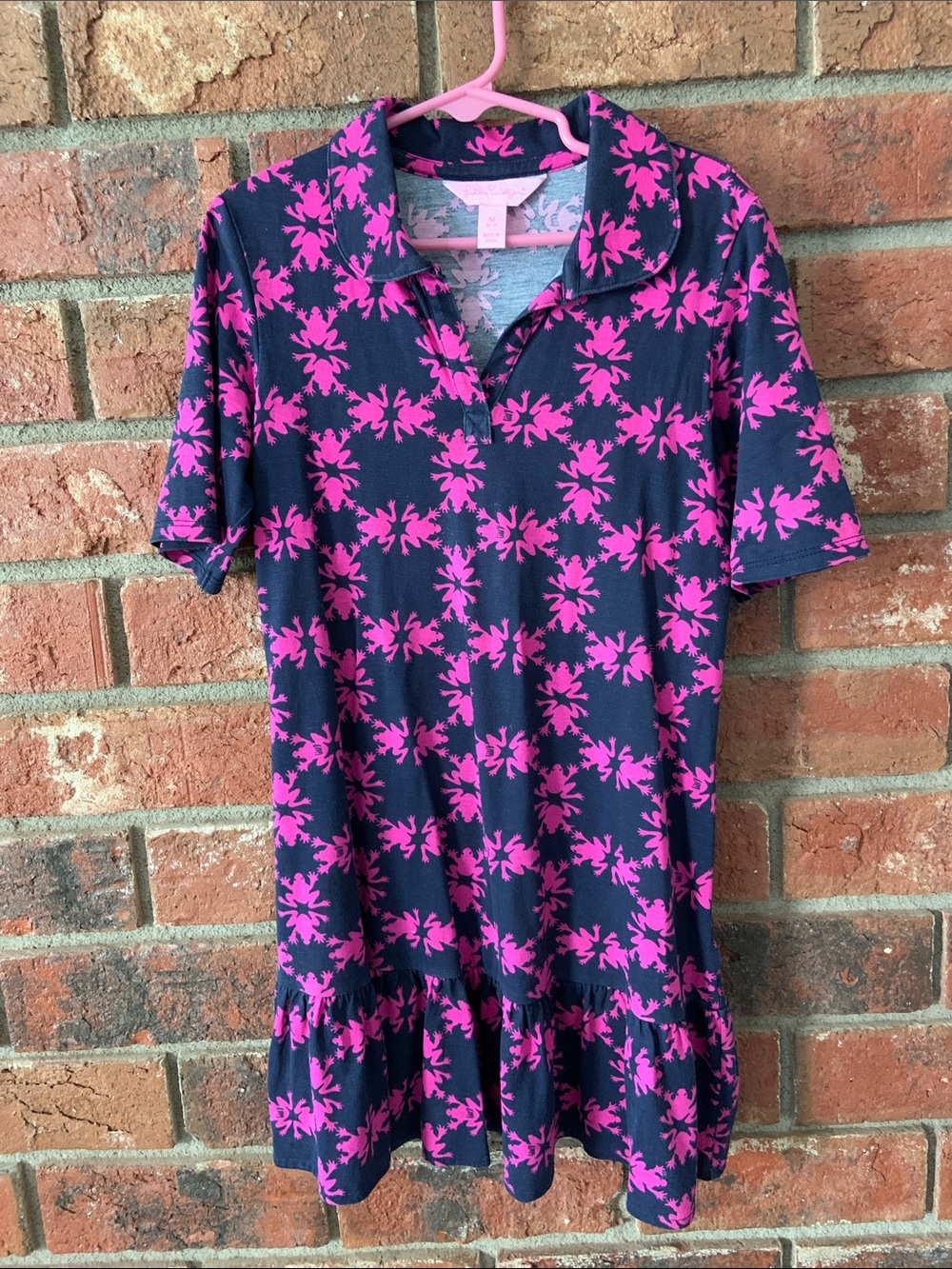 Lilly Pulitzer Girls Navy and Hot Pink Frog Print Polo Dress